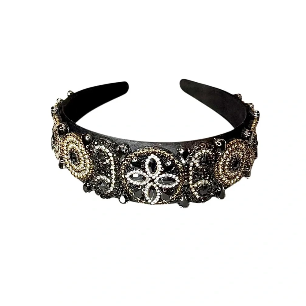 Elegant Black and Gold Bling Rhinestone Beaded Rmbellished Headband
